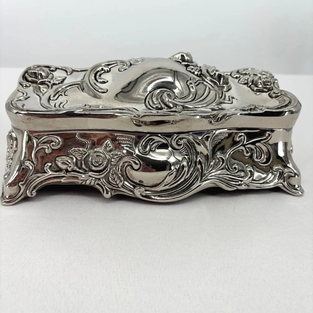 Godinger Silver Plated Floral Rose Jewelry Box Red Velvet Lining Footed Ornate